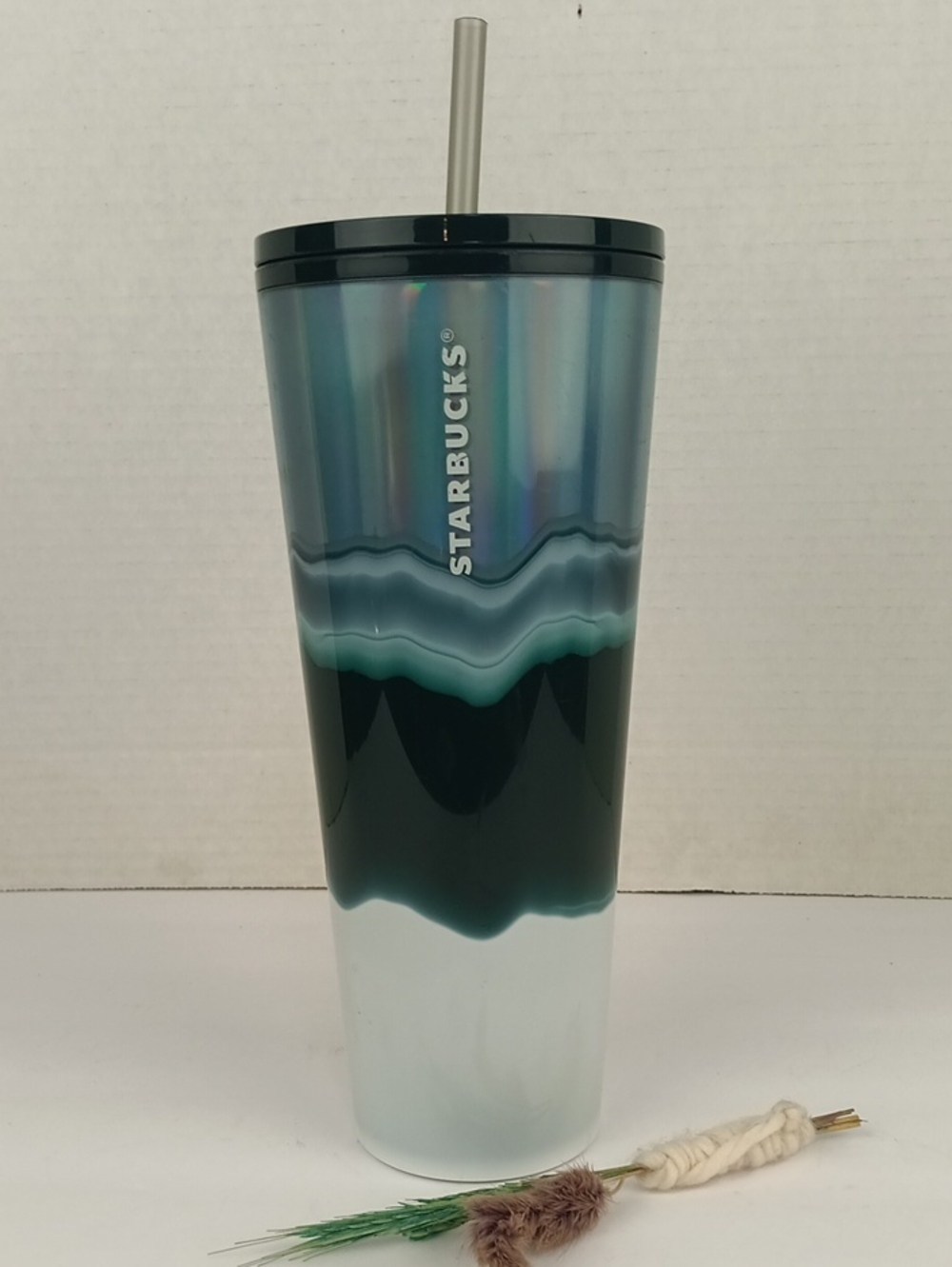 Starbucks 2021 Holiday Silver Dark Green White Wave Iridescent Cold Tumbler 24